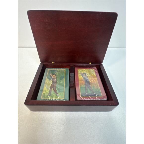 VTG Wood Box Set of 2 Golfer themed Playing Card Decks Sealed Pewter Ball On Lid - Picture 2 of 10